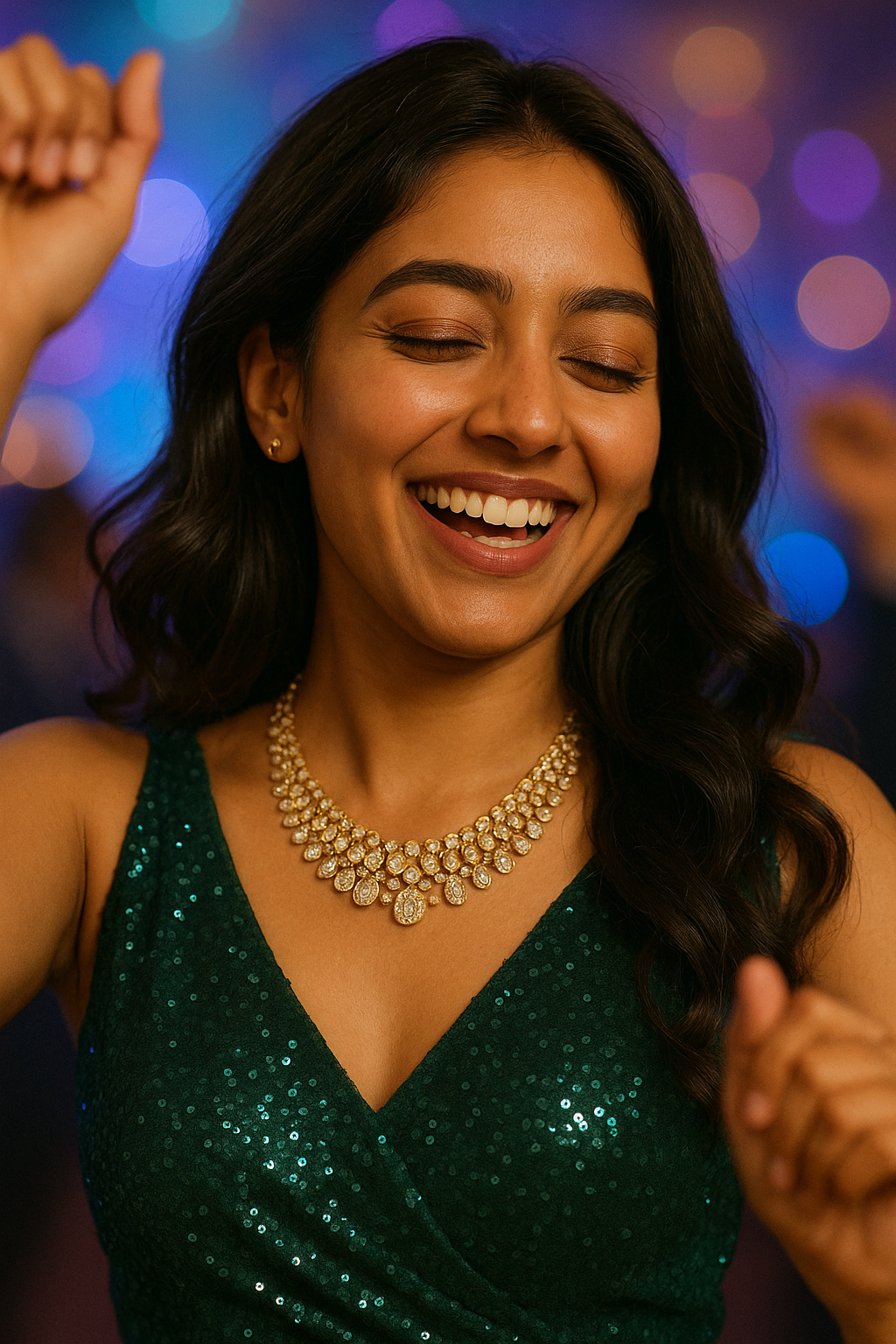 Woman wearing sustainable pre-loved jewelry necklace
