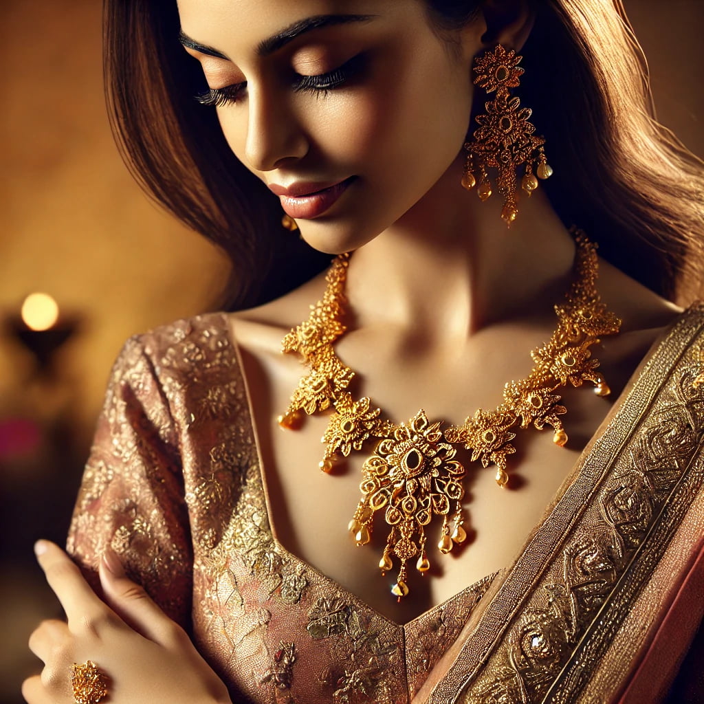 Woman wearing sustainable pre-loved jewelry necklace